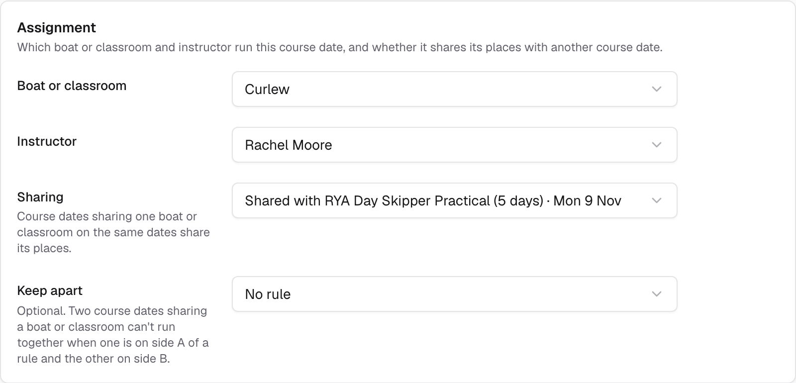Assignment card: boat Curlew, instructor Rachel Moore, shared with the Day Skipper Practical date.