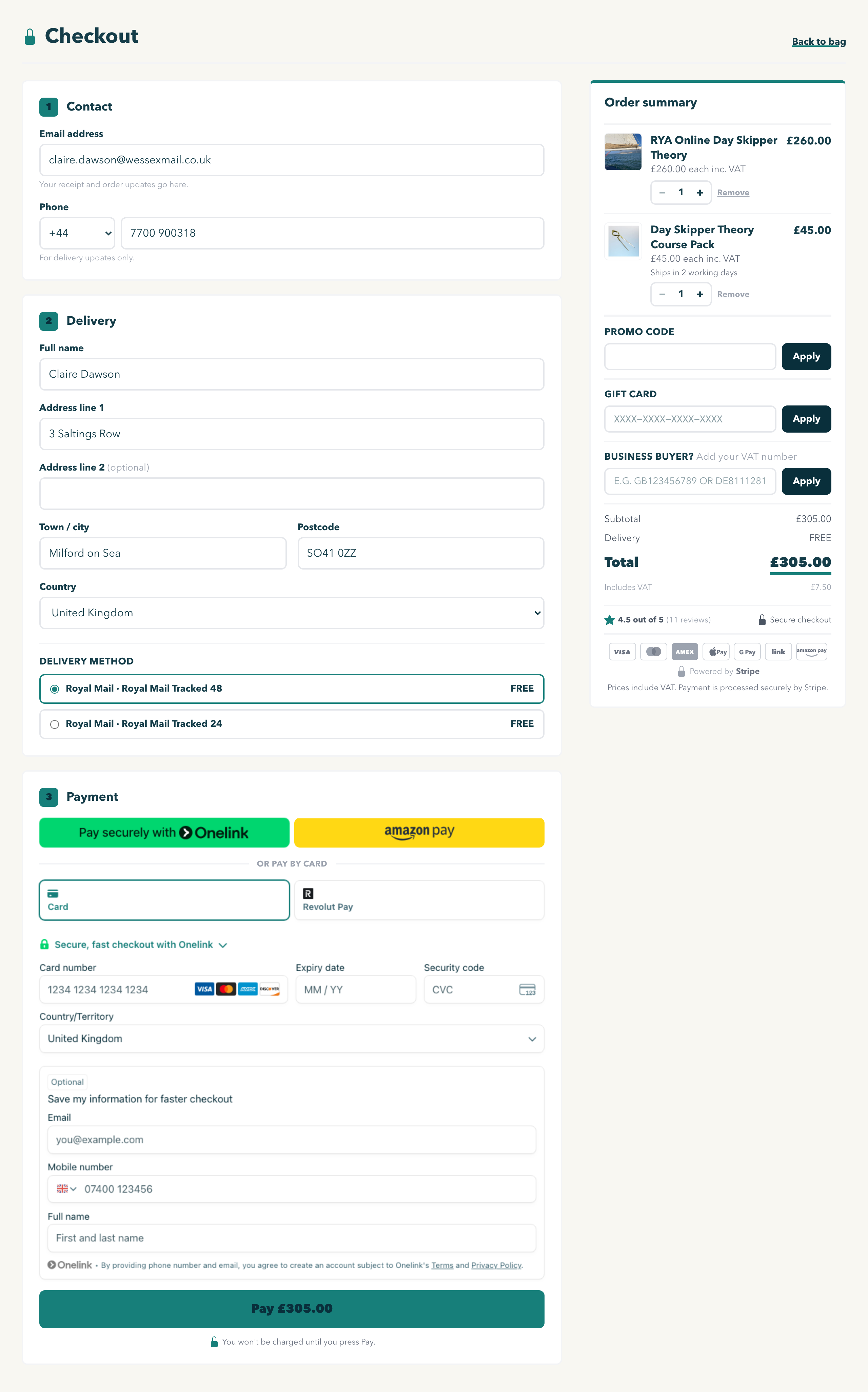The one-page checkout in the sample school's colours, down to the Pay button.