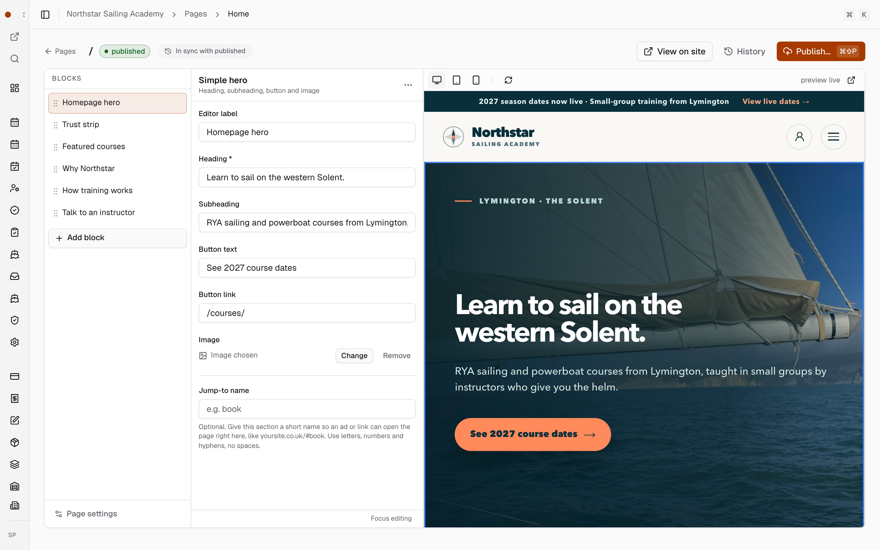 The page editor: the list of sections, the hero's fields and a live preview of the page.