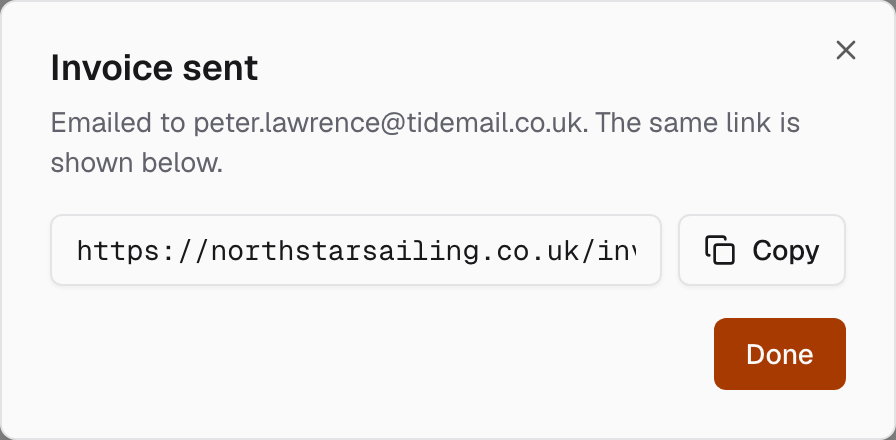 The Invoice sent dialog with the pay link to copy.