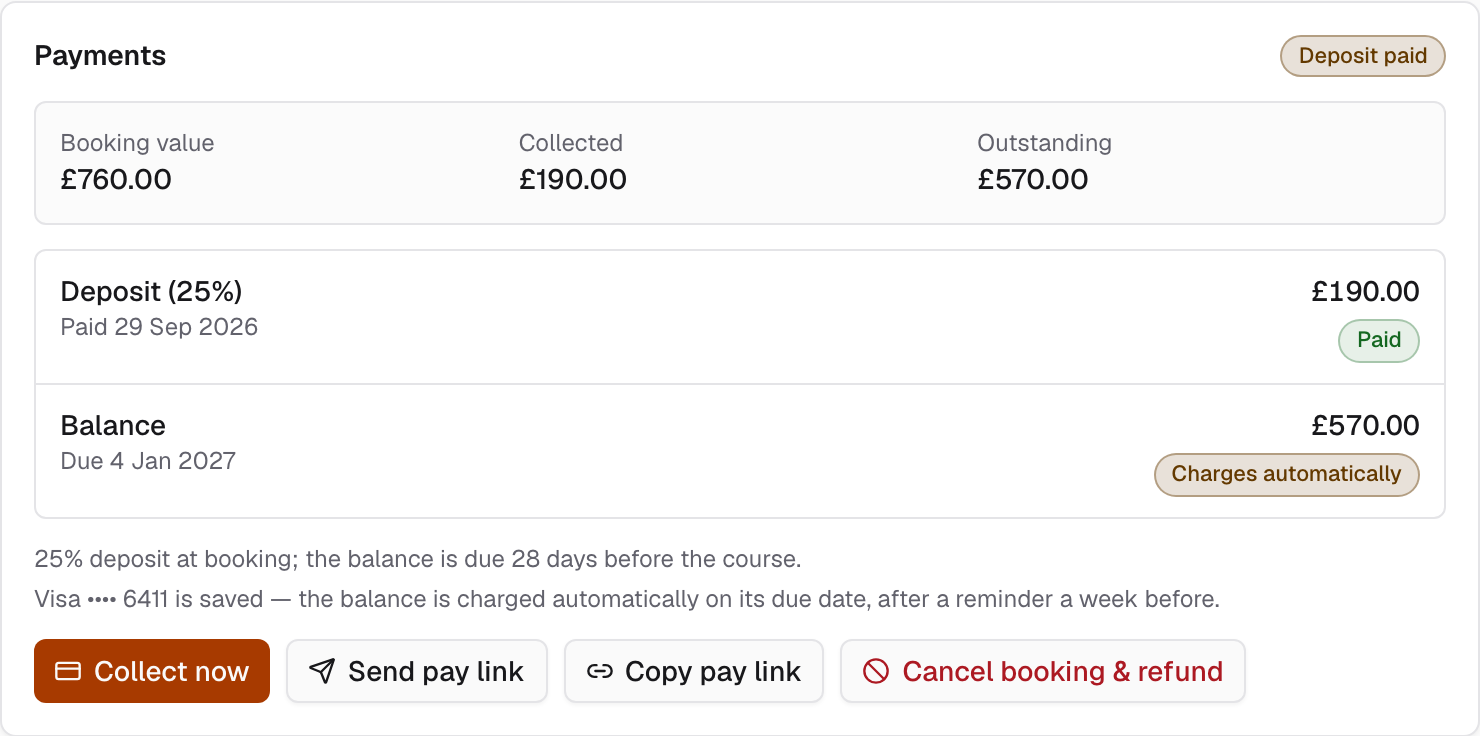 Payments card: 25% deposit paid and the £570 balance due 28 days before the course, charged automatically.