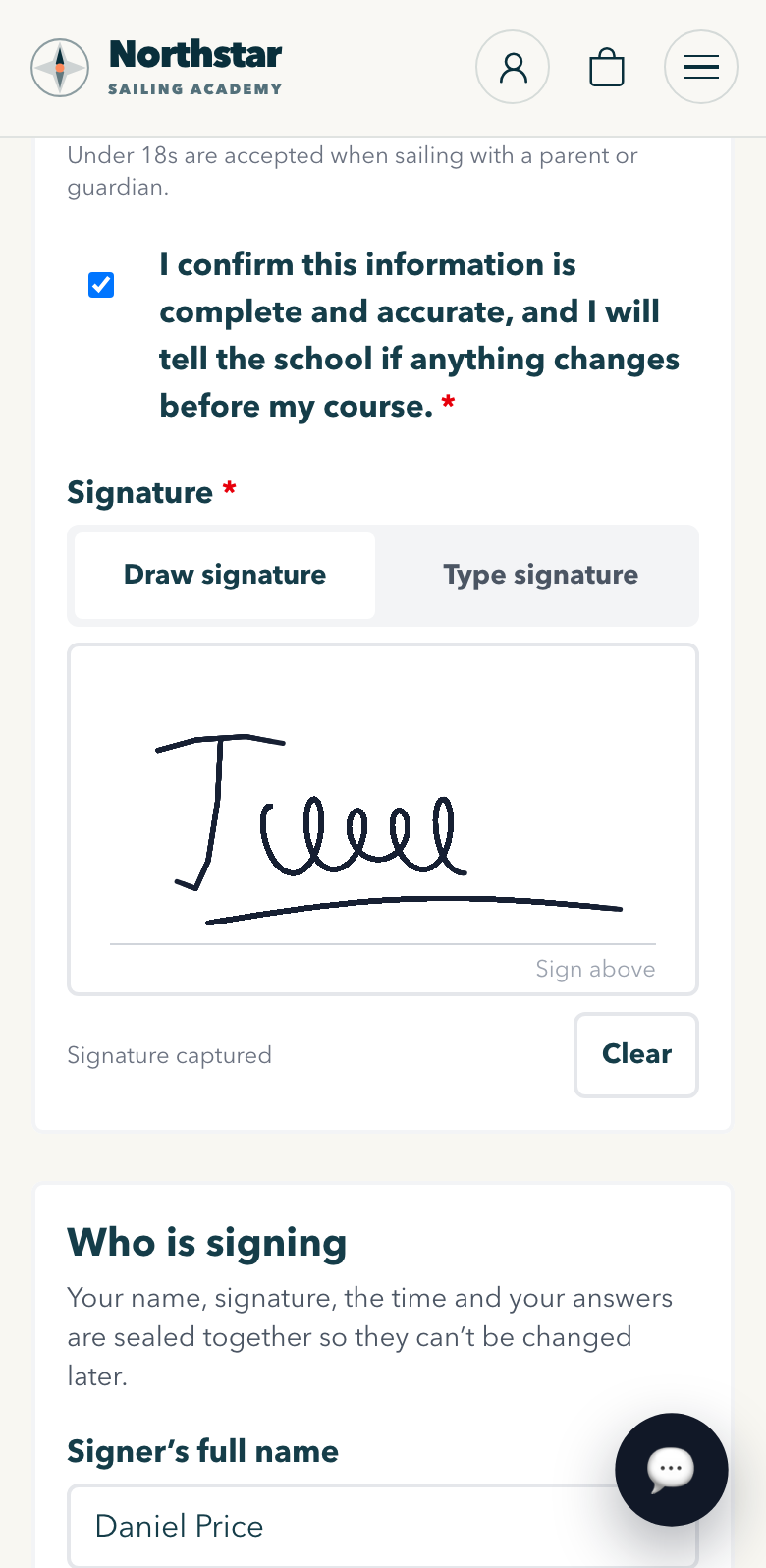 Phone: the declaration ticked and a hand-drawn signature on the signature pad.