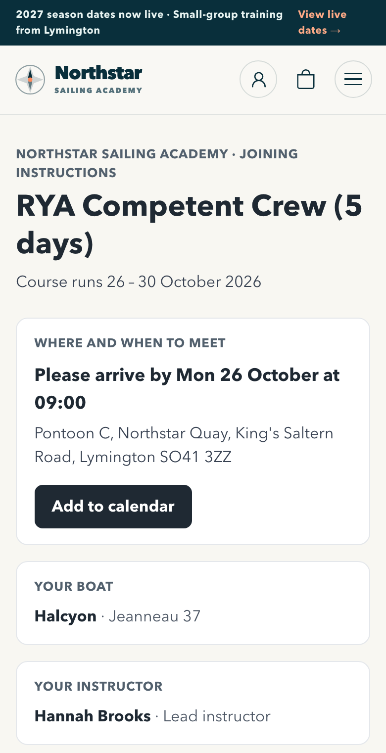 Phone: joining instructions with the meeting point, Add to calendar, the boat and the instructor.
