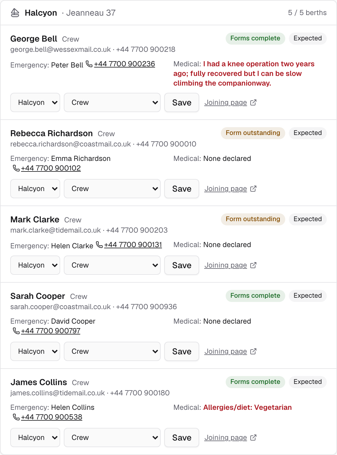 Crew list for Halcyon: each student with phone, emergency contact and form status.