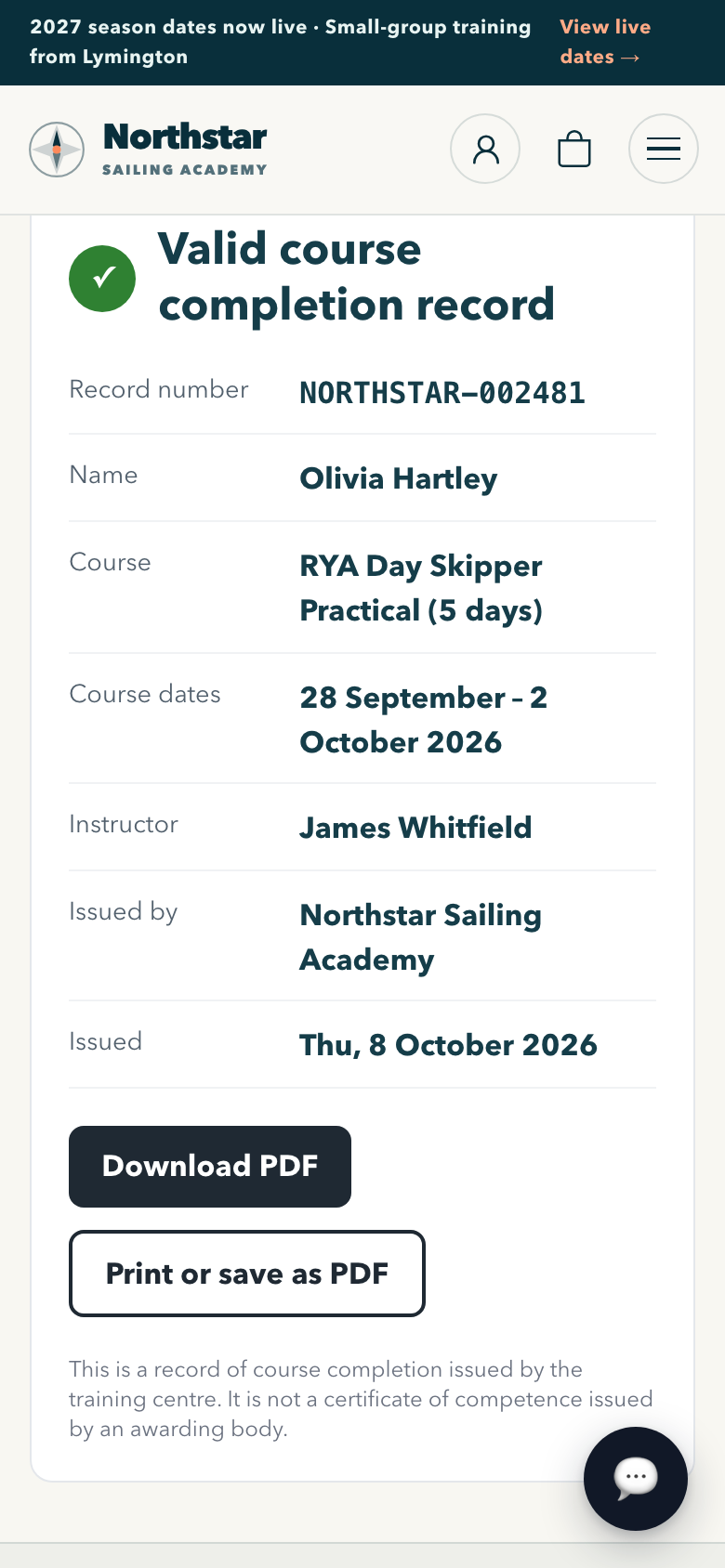 Phone: the public check of a valid course completion record.