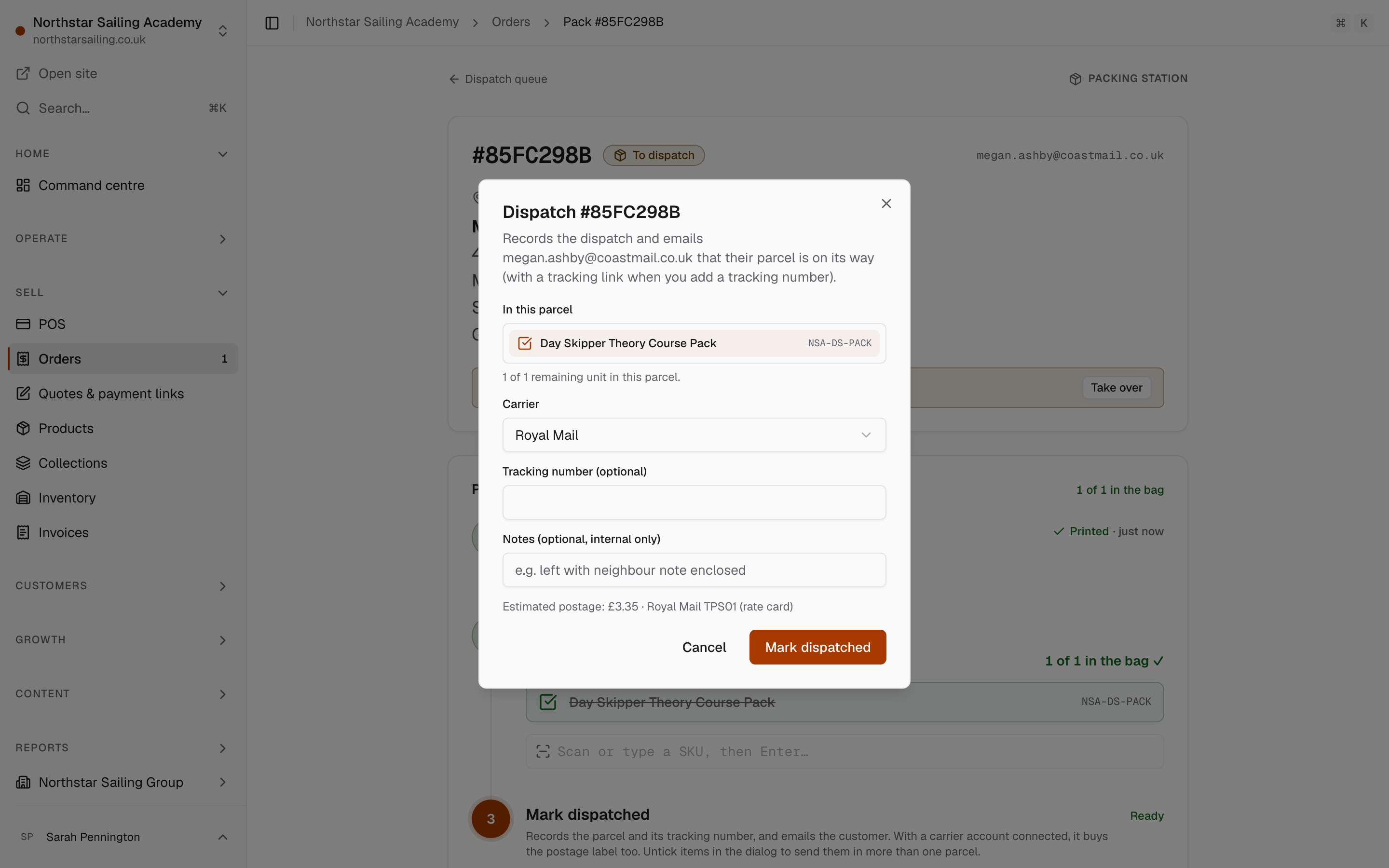 Dispatch dialog: the parcel's contents, Royal Mail and the estimated postage.