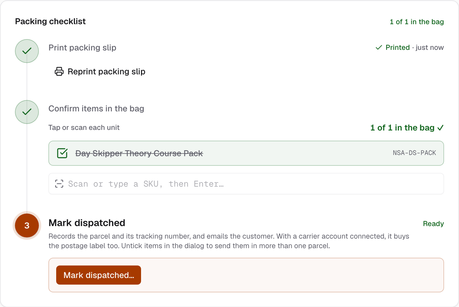 Packing checklist: the course pack scanned into the parcel.
