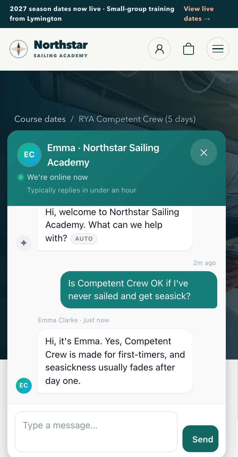 Phone: live chat on a course page, with the office's reply.