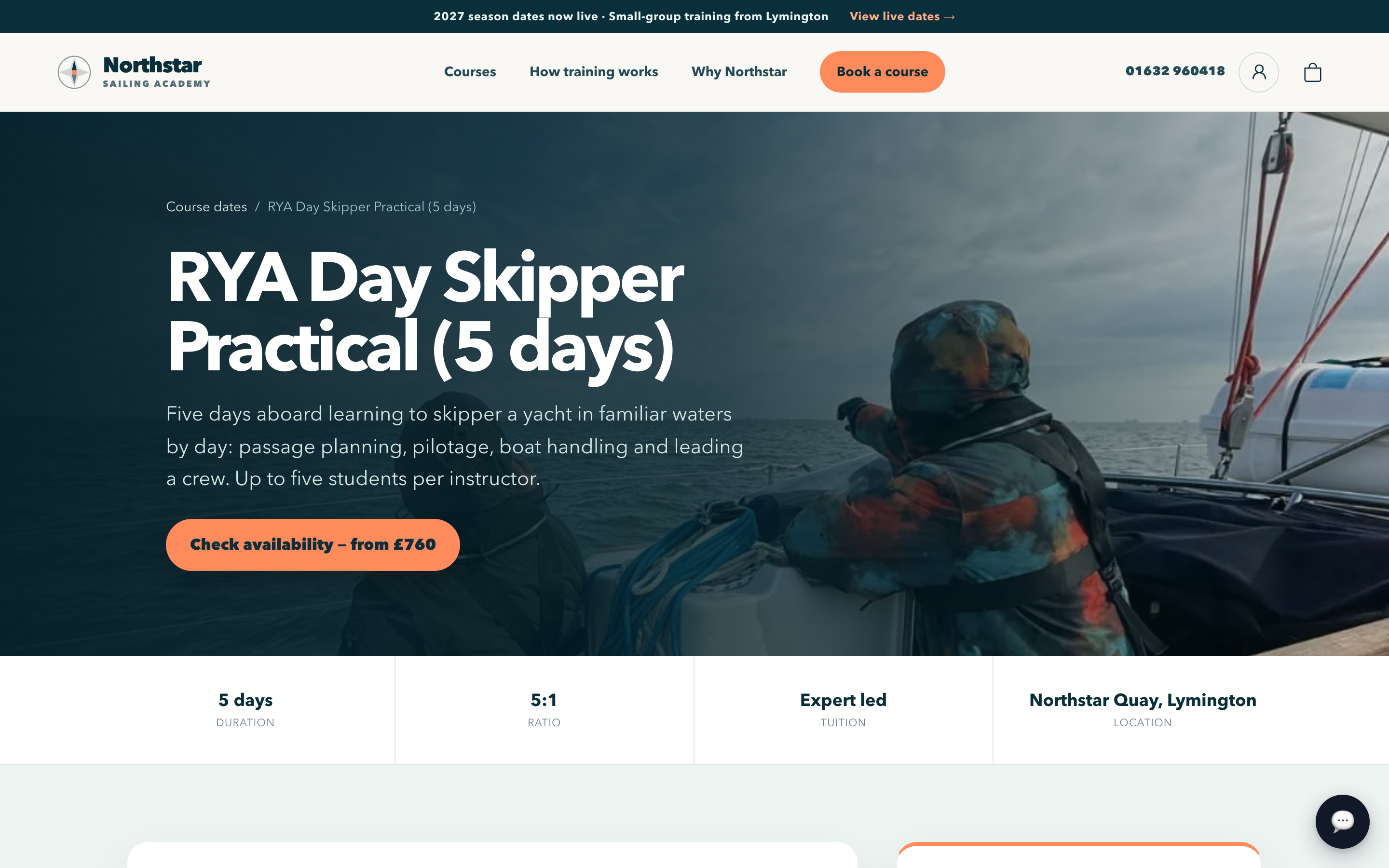 The sample school's Day Skipper Practical course page.