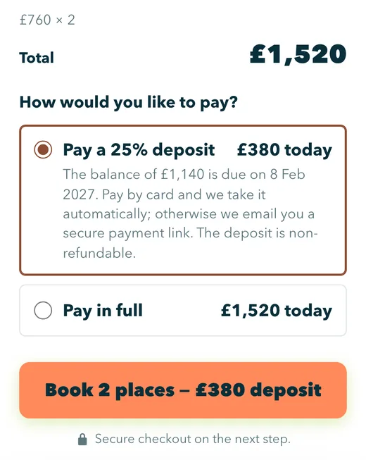Phone checkout on the sample school's site: £760 × 2, total £1,520, Pay a 25% deposit, £380 today, and the button Book 2 places – £380 deposit.