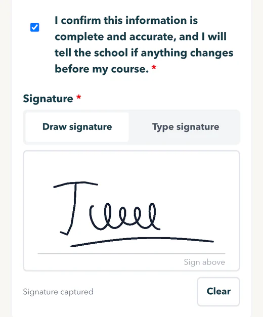 Phone form: the declaration box ticked, a hand-drawn signature on the signature pad, and the words Signature captured.
