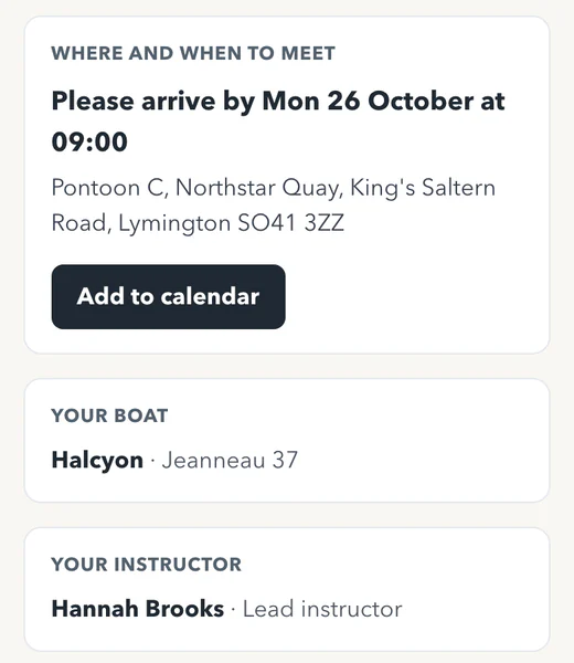 Phone joining page: where and when to meet, Add to calendar, your boat Halcyon, your instructor Hannah Brooks.