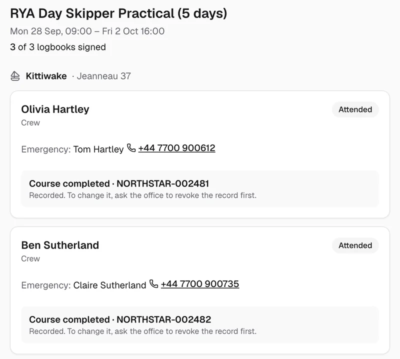 Instructor screen: RYA Day Skipper Practical, 3 of 3 logbooks signed, each student marked Attended, with Course completed and a NORTHSTAR record number.
