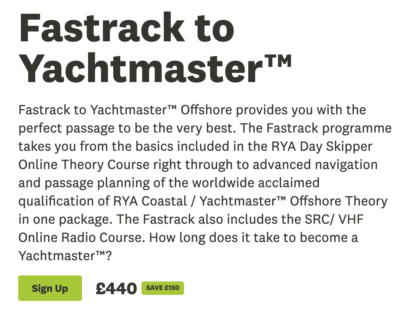 Sailing Course Online's live Fastrack to Yachtmaster course page: the course description, the £440 price and the Sign Up button.