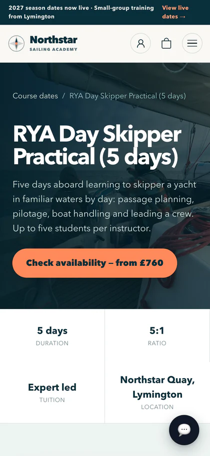 The sample school's Day Skipper Practical course page on a phone.